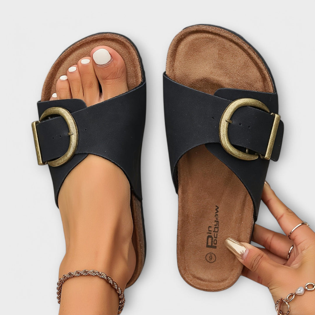 Margie - Damen Kork Pantoletten mit Schnallenriemen Design